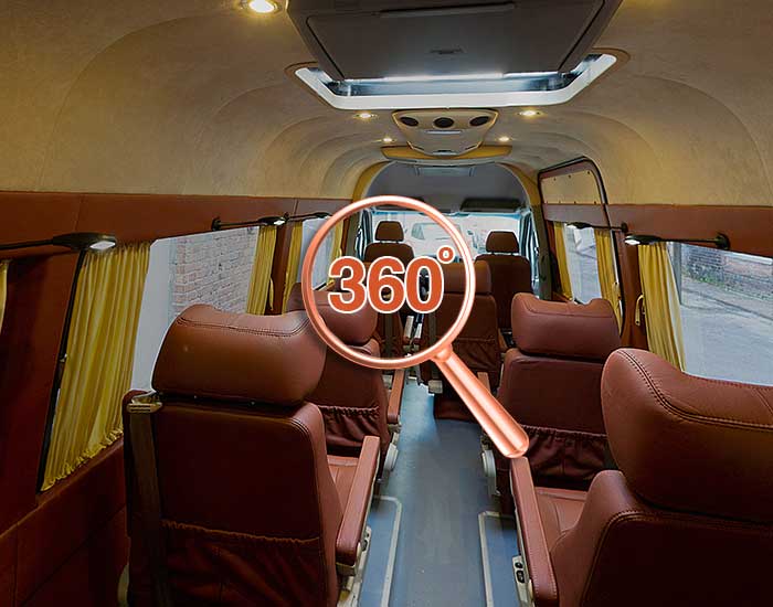 3d панорама автобуса Mersedes с оранжевым салоном